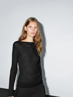Top Ze 100% Bawełny Z Fakturą I Długim Rękawem - Czarny - - Massimo Dutti - Kobieta
