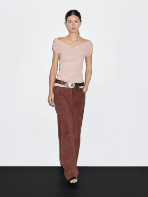 Top Ze 100% Bawełny Z Kopertowym Dekoltem Łódką - Blady Róż - - Massimo Dutti - Kobieta