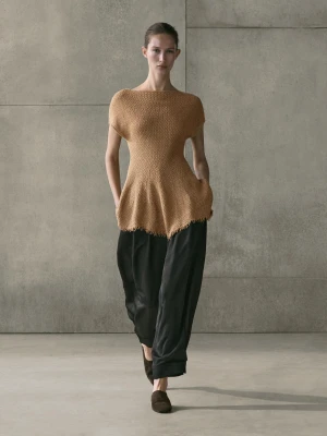 Top Ze 100% Lnu Z Frędzlami - Opalony - - Massimo Dutti - Kobieta