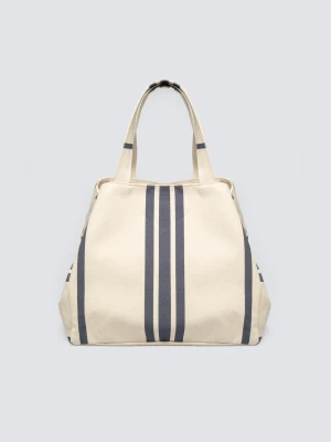 Torba damska plażowa z granatowymi paskami kremowa Berli 102 BIG STAR