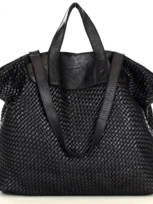 Torba damska pleciona shopper & shoulder leather bag czarna Merg