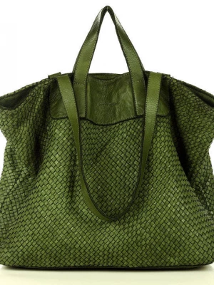 Torba damska pleciona shopper & shoulder leather bag - zielony militare Merg