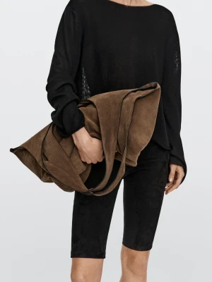 Torba Shopper Maxi Z Zamszowej Skóry - Ecru - - Massimo Dutti - Kobieta