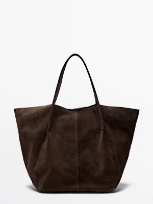 Torba Tote Ze Skóry Zamszowej - Czekoladowy - Massimo Dutti - Male