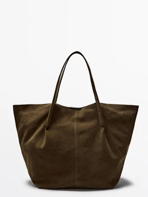 Torba Tote Ze Skóry Zamszowej - Khaki - Massimo Dutti - Male