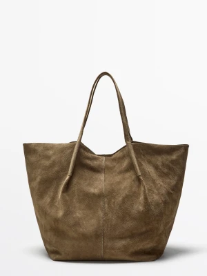 Torba Tote Ze Skóry Zamszowej - Piaskowy - Massimo Dutti - Male
