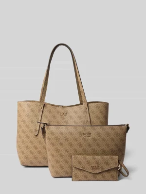 Torba typu tote z nadrukiem z logo na całej powierzchni model 'Brenton' Guess Jasnobrązowy