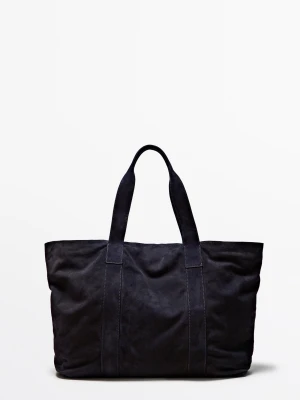 Torba Typu Tote Z Zamszu - Granatowy - Massimo Dutti - Male