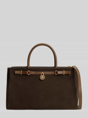 Torba z rączkami z naturalnej skóry welurowej z detal z logo Tommy Hilfiger Ciemnobrązowy