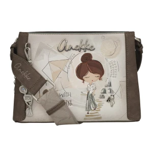 Torebka damska Anekke, na ramię z dekoracyjnym nadrukiem i metalowym logo zapinana na zamek z szerokim regulowanym paskiem oraz ozdobnym brelokiem, b