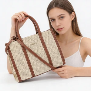 Torebka damska Rieker, torebka z plecionego materiału tekstylnego z elementami skóry naturalnej o prostej sztywnej formie z wygodnymi uchwytami i dod