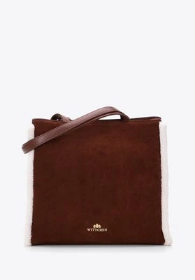 Torebka shopperka skórzana ze sztucznym futerkiem dwukomorowa brązowo-kremowa Wittchen