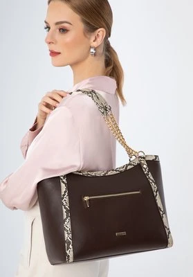 Torebka shopperka z obszyciem z ekoskóry o fakturze lizard brązowo-beżowa Wittchen