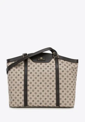 Torebka shopperka z żakardu i skóry w monogramy beżowa Wittchen
