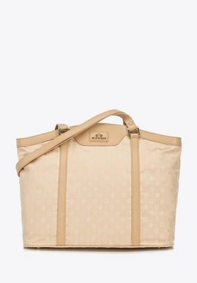 Torebka shopperka z żakardu i skóry w monogramy kremowa Wittchen
