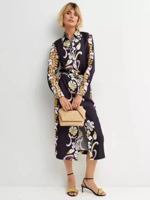 Tory Burch Granatowa sukienka midi z jedwabiu