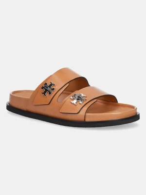 Tory Burch klapki skórzane T Lock Sport Slide damskie kolor brązowy 166905-250