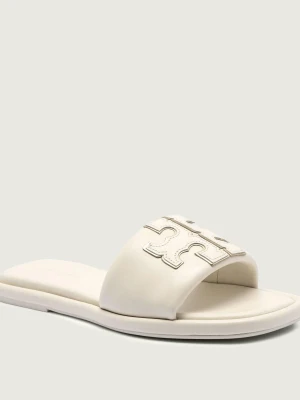 TORY BURCH Skórzane klapki DOUBLE T SPORT SLIDE kremowy