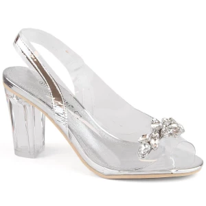 Transparentne sandały damskie na słupku z cyrkoniami srebrne Potocki WS43305 srebrny