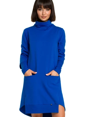 Trapezowa sukienka dresowa z golfem i długim rękawem niebieskim Be Active