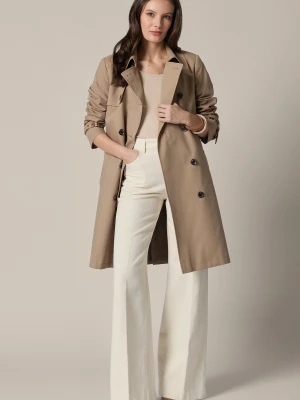 Trencz Beżowy z Bawełną Damski Dwurzędowy z Paskiem Bettina Lancerto
