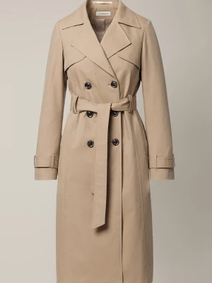Trencz Beżowy z Bawełną Damski Dwurzędowy z Paskiem Feliciana Lancerto