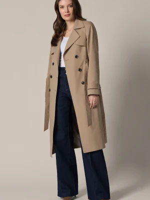 Trencz Beżowy z Bawełną Damski Dwurzędowy z Paskiem Feliciana Lancerto