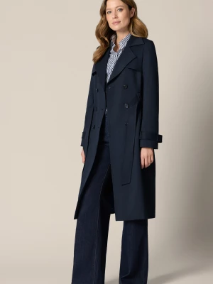 Trencz Granatowy Damski Dwurzędowy z Paskiem Twila Lancerto