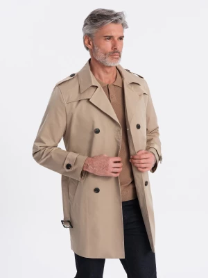 Trencz męski elegancki płaszcz SLIM FIT z paskiem - beżowy V1 OM-COSC-0111
 -                                    L