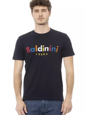 Trendowy Niebieski T-shirt z Bawełny, Krótki Rękaw, Nadruk na Przodzie Baldinini