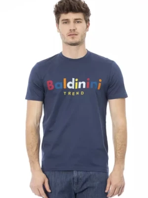Trendowy Niebieski T-shirt z Bawełny, Krótki Rękaw z Nadrukiem na Przedzie Baldinini