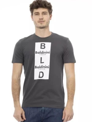 Trendowy Szary T-shirt z Bawełny, Krótki Rękaw, Nadruk na Przodzie Baldinini