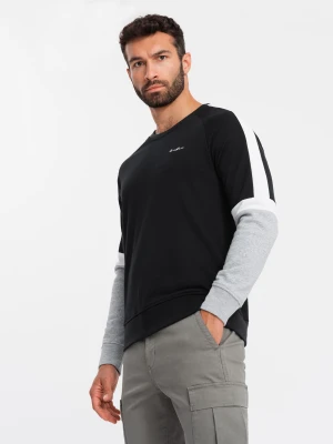 Trójkolorowa bluza męska dresowa z raglanowymi rękawami – czarna V3 - Rozmiar: S Ombre Clothing
