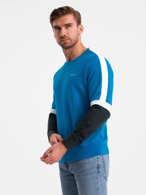 Zdjęcie produktu Trójkolorowa dresowa męska bluza z raglanowymi rękawami – niebieska V4 Ombre Clothing