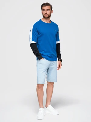 Trójkolorowa dresowa męska bluza z raglanowymi rękawami – niebieska V4 Ombre Clothing