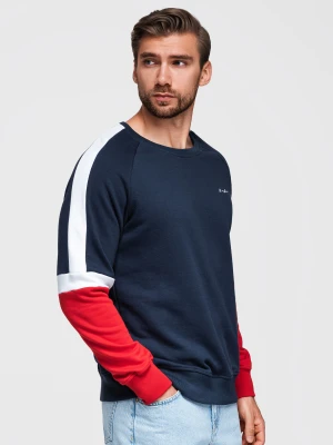 Trójkolorowa męska dresowa bluza z raglanowymi rękawami – granatowa V2 Ombre Clothing