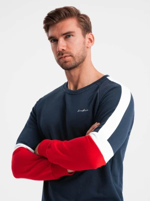 Trójkolorowa męska dresowa bluza z raglanowymi rękawami – granatowa V2 - Rozmiar: XXL Ombre Clothing