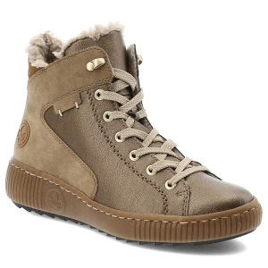 Trzewiki damskie Rieker, na filcu i na płaskim obcasie zapinane na zamek, brązowe-metaliczne, Z6614-90