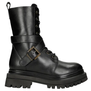 Czarne masywne bikery damskie ze skóry licowej 64144-51 Wojas