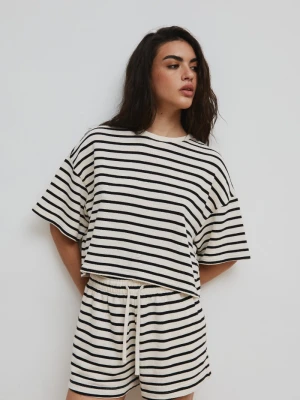Tshirt z dzianiny bawełnianej w paski BLACK & BEIGE - CASPE -M Marsala
