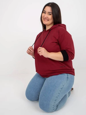 Tunika plus size bordowy sportowy casual kaptur rękaw 3/4 troczki kieszenie print (nadruk) Relevance