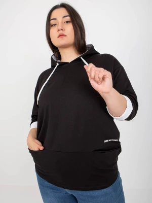 Tunika plus size czarny sportowy casual kaptur rękaw 3/4 troczki kieszenie print (nadruk) Relevance