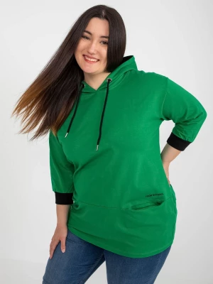 Tunika plus size zielony sportowy casual kaptur rękaw 3/4 troczki kieszenie print (nadruk) Relevance