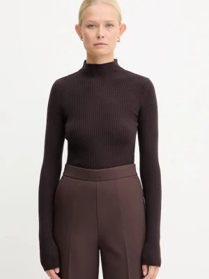 Twinset sweter wełniany damski kolor brązowy lekki z półgolfem 252TT3111