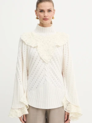 Twinset sweter z dodatkiem wełny damski kolor beżowy z półgolfem 252TS3353