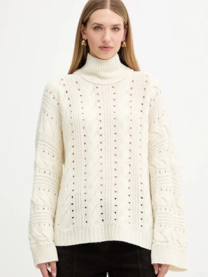 Twinset sweter z wełną damski kolor beżowy ciepły z golfem 252TT3101