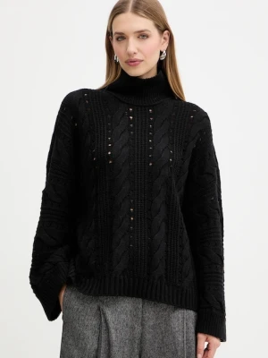 Twinset sweter z wełną damski kolor czarny ciepły z golfem 252TT3101