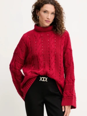 Twinset sweter z wełną damski kolor czerwony ciepły z golfem 252TT3101