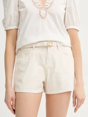 Twinset szorty bawełniane damskie kolor beżowy wzorzyste high waist 251TT2205