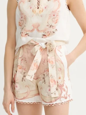 Twinset szorty lniane damskie kolor beżowy wzorzyste high waist 251TT2443